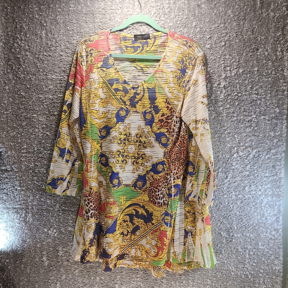 Katina Marie Artsy‎ Floral Polyester Semi-Sheer Top Tunic Long Sleeve Womens M
